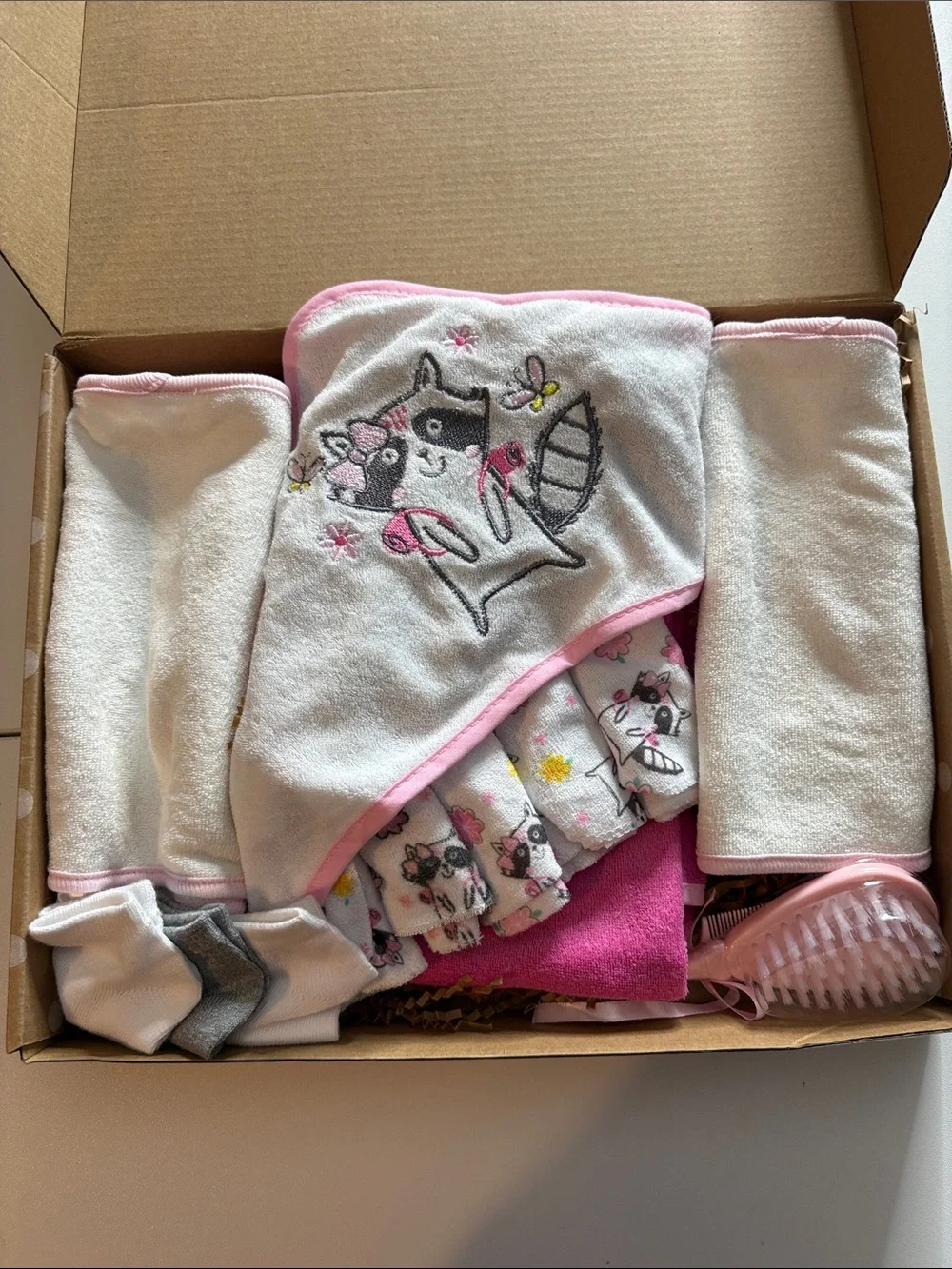 Pink Baby Bath and Hooded Towel Set with Raccoon Design